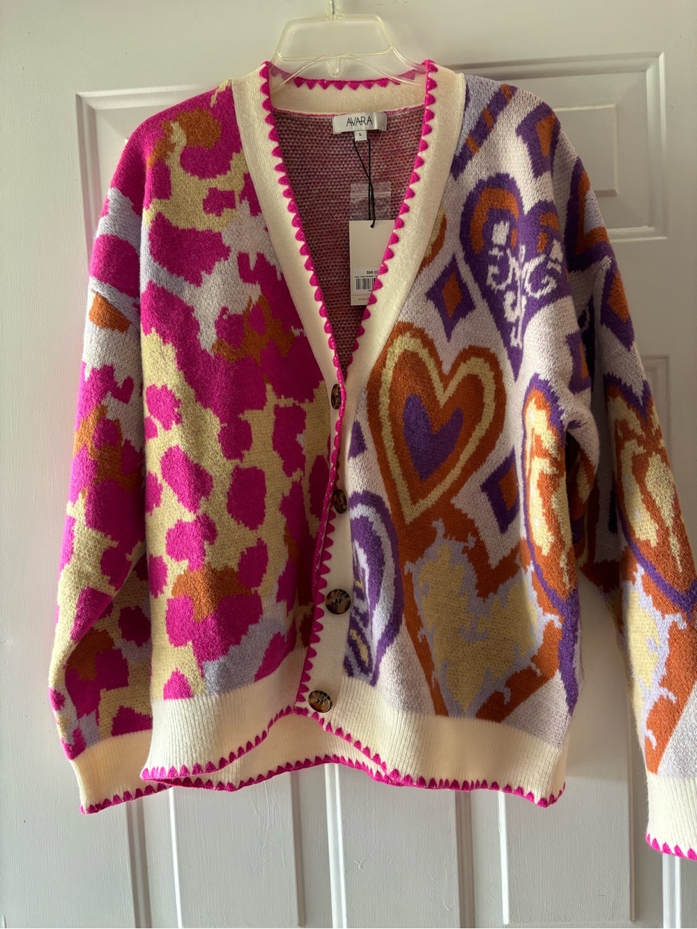 Avara x New Pink & Purple Heart-Print Women's Cardigan Sweater in size L